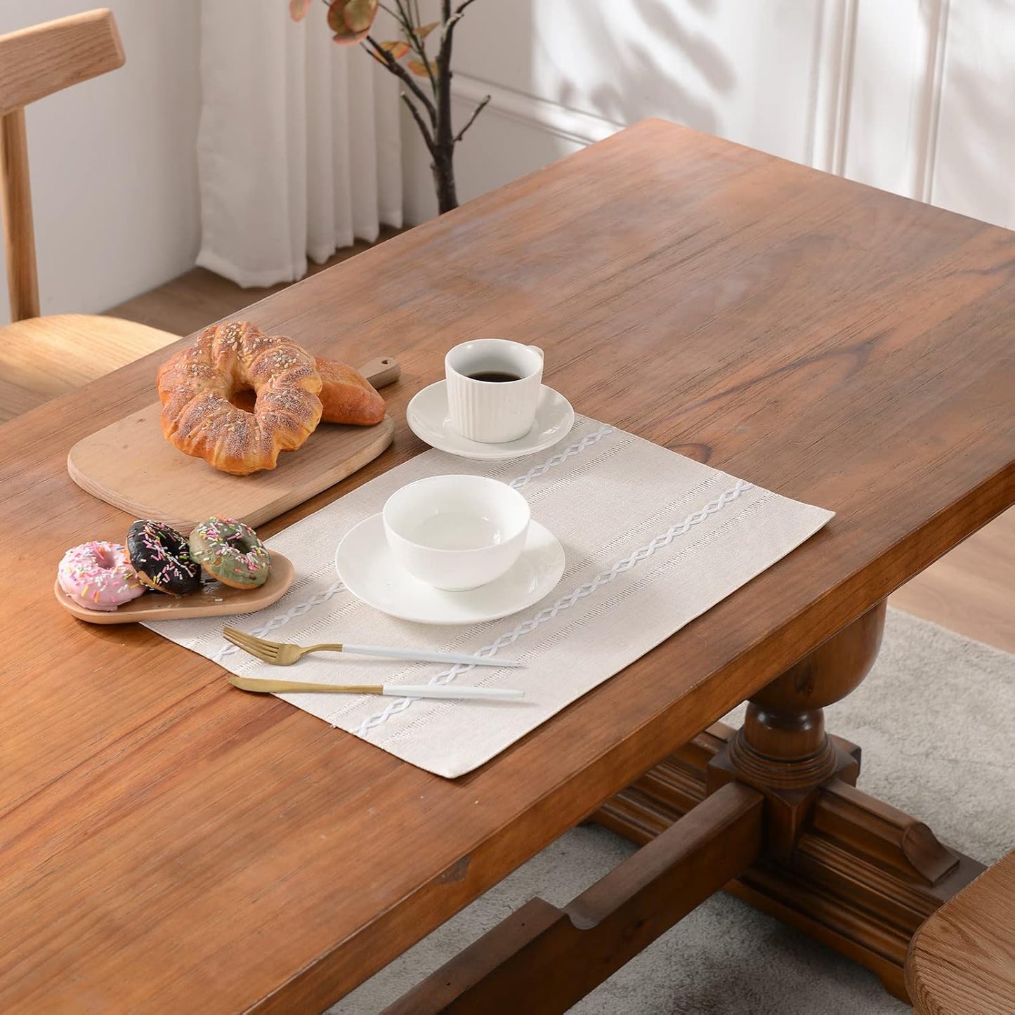 Wracra Cotton Linen Placemats, 14 x 19 Inch Set of 8 Placemats Rustic Hemstitch Place Mats for Kitchen Table and Heat Resistant-Hemstitch Ivory