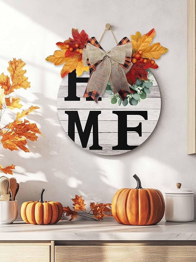 Eucalyptus Leaves Welcome Sign for Front Door, Home Garland Vintage Wood Grain Round Wooden Hanging Sign Housewarming Gift for Fall Home Outdoor Indoor, Front Porch Decor Wreath 12inch