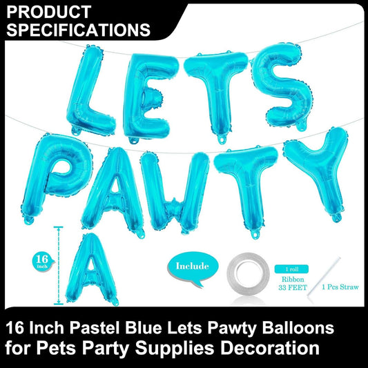9 Pcs Lets Pawty Balloons Banner 16 Inch, Dog Cat Pet Birthday Letters Sign Lets Pawty Balloons Happy Birthday Banner for Pet Dog Cat Party Supplies Decorations (Pastel Blue)