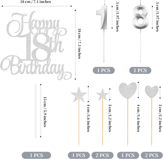 18th Birthday Cake Decorations, 18th Birthday Candles Cake Numeral Candles and Glitter Happy 18th Birthday Cake Toppers Set for Birthday Party Supplies (Silver)