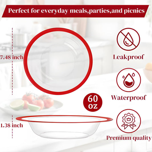 Liacere 60Pcs Red Plastic Bowls - Disposable Clear and Red Dessert Bowls - 12OZ Premium Plastic Soup Bowls for Wedding &Christmas Day