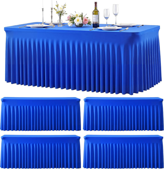 4 Pack 6ft Royal Blue Spandex Table Cloths for Rectangle Tables Wrinkle Free Rectangle Tablecloths, Stretch Fitted Table Cover with Skirt for Birthday Party Wedding Banquet Baby Shower Buffet Event