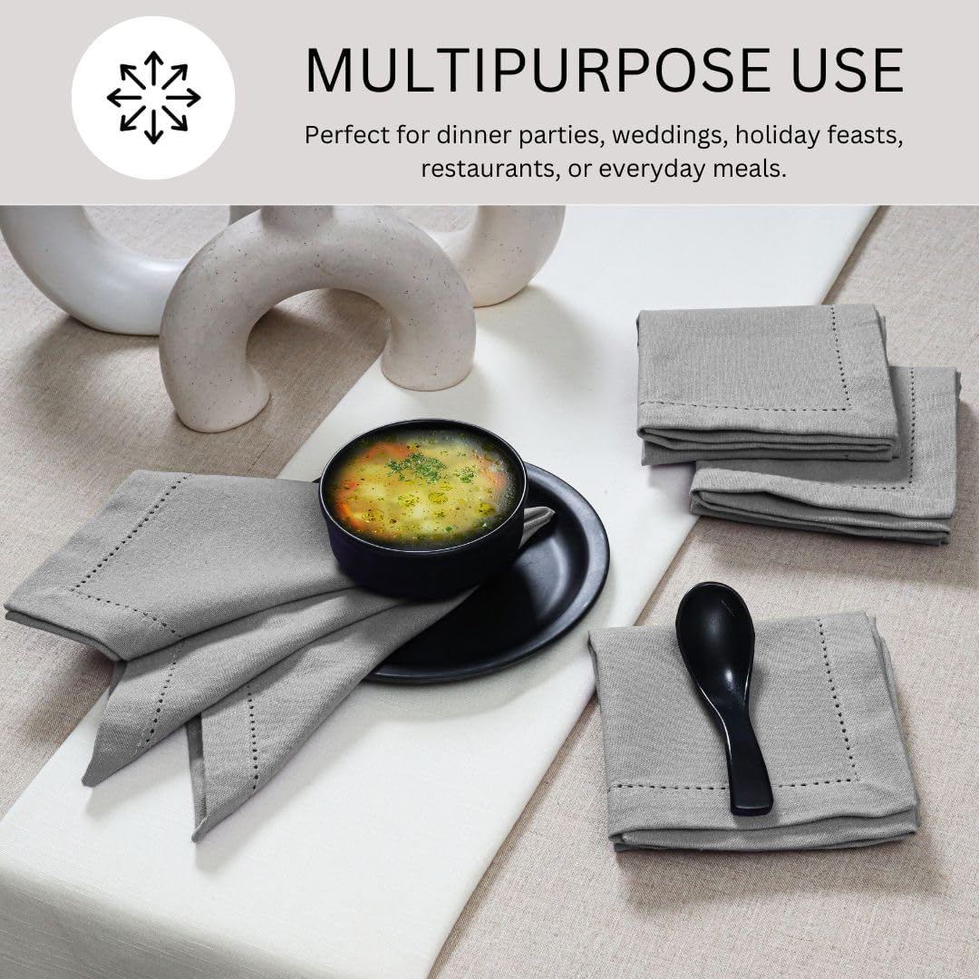Hemstitch Cloth Dinner Napkins 100% Cotton Set of 12 - for Dining Special Occasions Weddings Parties Holidays Easter - Soft Durable Washable - 18x18 Inch Table Cloth Napkins Light Grey