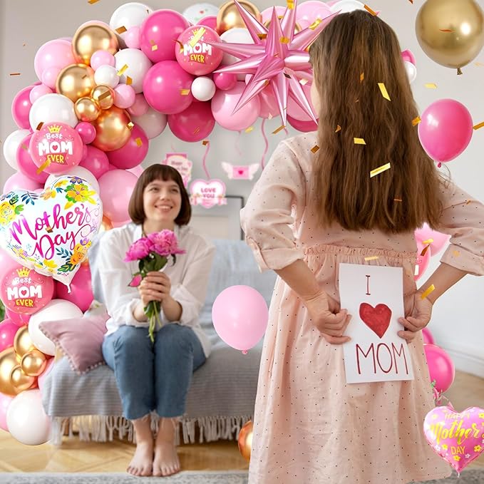 Mother's Day Balloon Arch, Hot Pink metallic Gold Balloon Garland Kit with Large Mon Printed Foil Balloons, Pink Mother Star Foil Balloons for Mom's Day Party Decorations