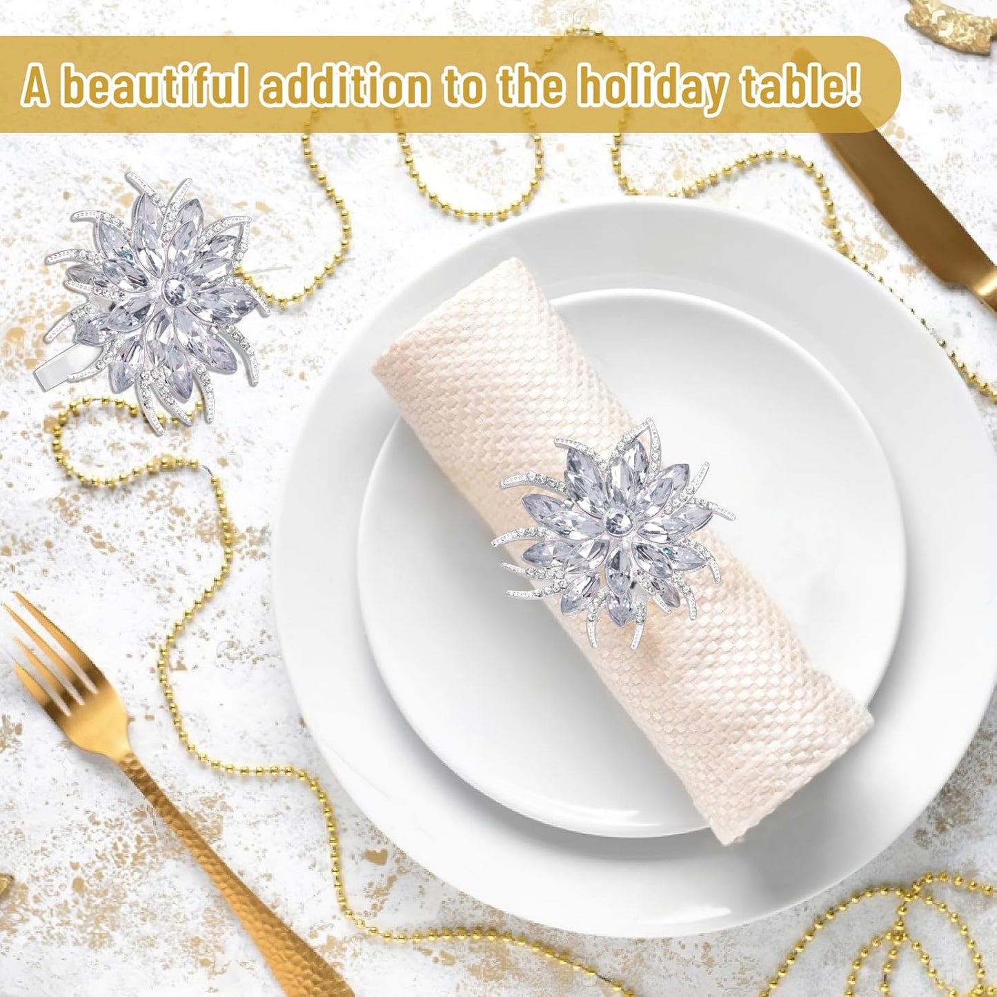 Legigo Set of 8 Christmas Lotus Flower Napkin Rings Set for Dinning Table Setting- Silver Rhinestone Xmas Winter Napkin Ring Holders for Cloth Napkins, Christmas Holiday Party Dinner Table Decoration