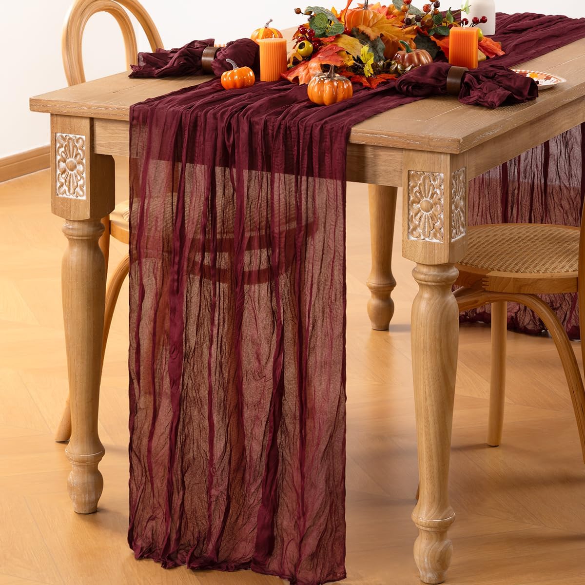 MLMC Burgundy Red Table Runner 10ft Rustic Gauze Wine Red Cheesecloth Table Runner Fall Cheese Cloth Centerpiece 35x120 Inches for Halloween Wedding Party Bridal Shower Anniversary Events Decor