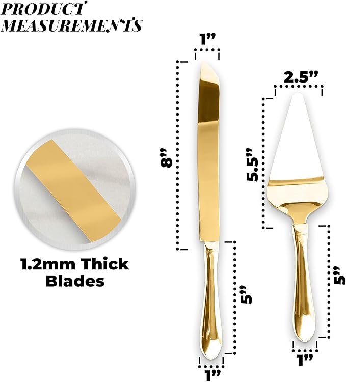 Cake Cutting Set for Wedding Cake Knife and Server Set, Cake Cutter and Pie Spatula,Cake Serving Set Serrated Blade,Thickened Stainless Steel Rounded Edge, Birthdays, Anniversaries,Parties 2 Pcs, Gold