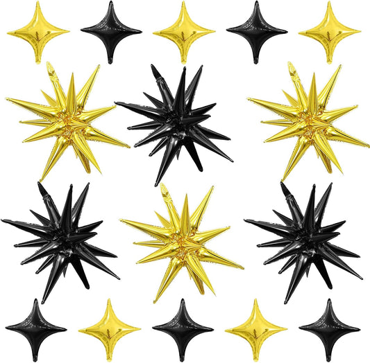 Black Gold Star Balloon,Black Gold 6Pcs 22Inch Explosion Star Balloons and 10Pcs 10Inch Four Angle Balloons Kit for New Year Birthday Graduation Anniversary Baby Shower Wedding Party Decorations