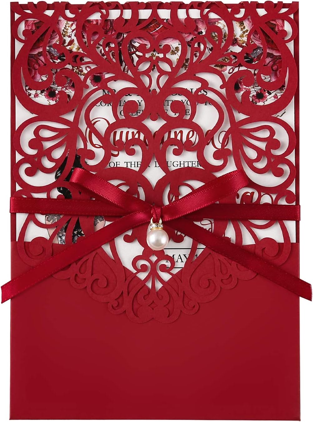 5X7.2 Inch 50PCS Personalized Laser Cut Red Quinceanera Invitations With RSVP Cards and Envelopes And Ribbon Belly Band with Pearl Embellishments for Wedding