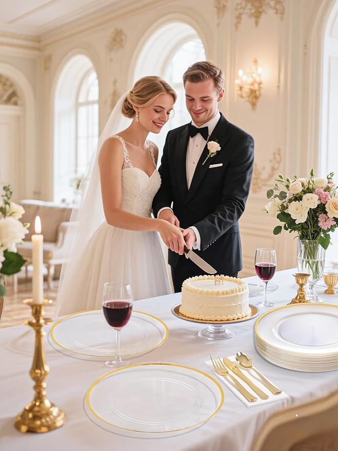 WDF 25Pack Gold Charger Plates - 12inch Clear Chargers with Gold Trim - Clear Plates Disposable for Wedding Baby Shower Spring Birthday
