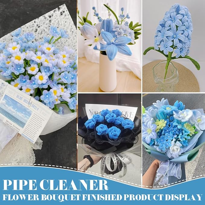 AHAMETON 620 Pcs Blue Pipe Cleaners Bulk,6 Colored Pipe Cleaners Craft,Chenille Stems for DIY Flower Bouquet Kit with Floral Wire,Creative Gift Eternal Flowers Supplies for Party Decorations
