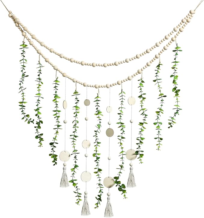 Hanging Eucalyptus Boho Wall Decor Large Boho Bedroom Wall Hanging Wooden Bead Garland Artificial Eucalyptus Natural Greenery Decoration, 36 x 36 Inch (Simple Color, Wood Chip Style)