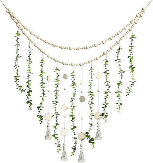 Hanging Eucalyptus Boho Wall Decor Large Boho Bedroom Wall Hanging Wooden Bead Garland Artificial Eucalyptus Natural Greenery Decoration, 36 x 36 Inch (Simple Color, Wood Chip Style)