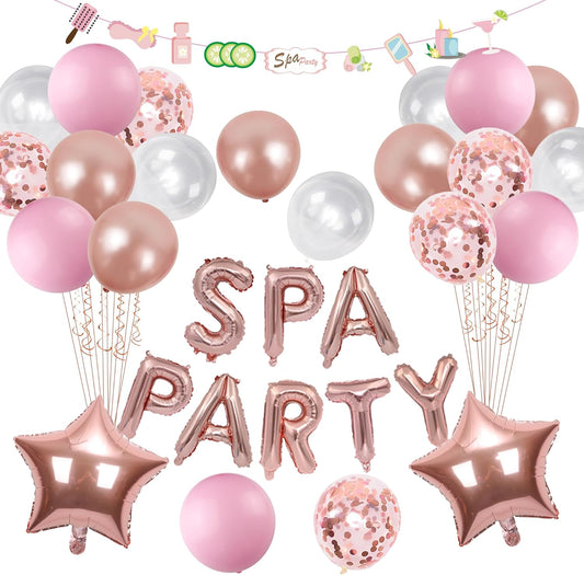 Spa Birthday Party Supplies Girls - Rose Gold Spa Party Balloon Banner Garland, Star Foil Balloons Confetti Balloons, Girls Night Sleepover Party Pajamas Birthday Party Decorations