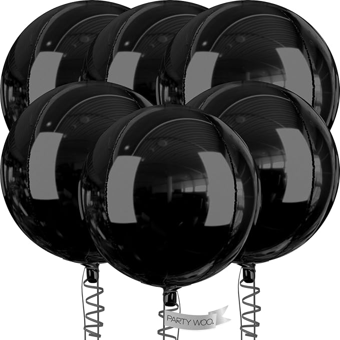 PartyWoo Black Foil Balloons 6pcs 32 Inch Large Round Foil Big Giant 4D Jumbo Inflatable Mirror Ball Mylar Balloons for Halloween Graduation Birthday Retirement Anniversary Party Decorations