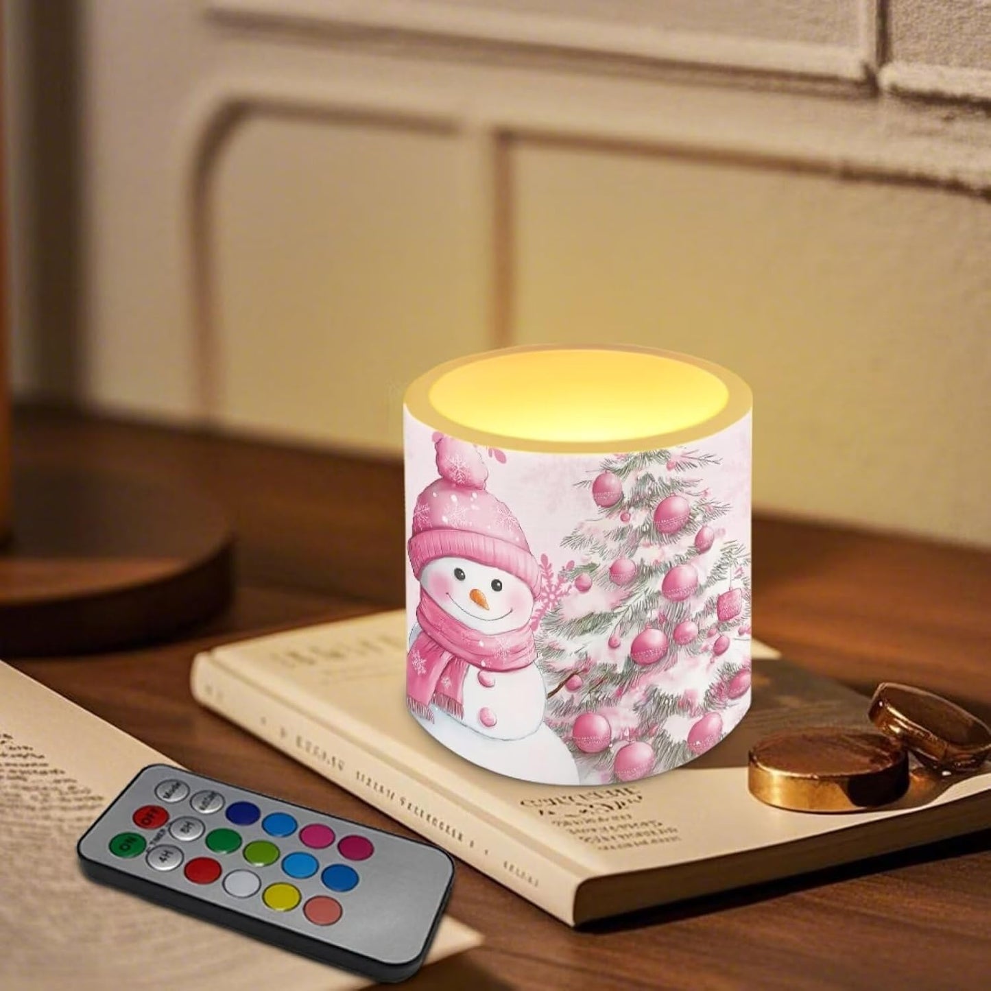 Poceacles Christmas LED Candles Set of 4 Battery Powered Flameless Candles with Multi-Color Lighting Options, Timer Function, for Indoor Outdoor Decor, Snowman Christmas Tree Pink