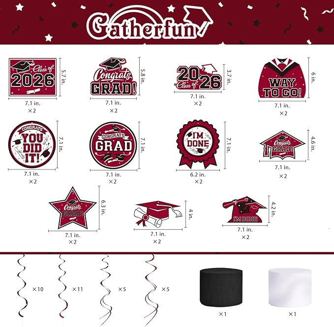Maroon Themed 2026 Graduation Decorations Set - Congrats Grad Banner, Class of 2026 Backdrop, Balloons & Streamers Kit - Complete Party Supplies for High School & College Celebrations