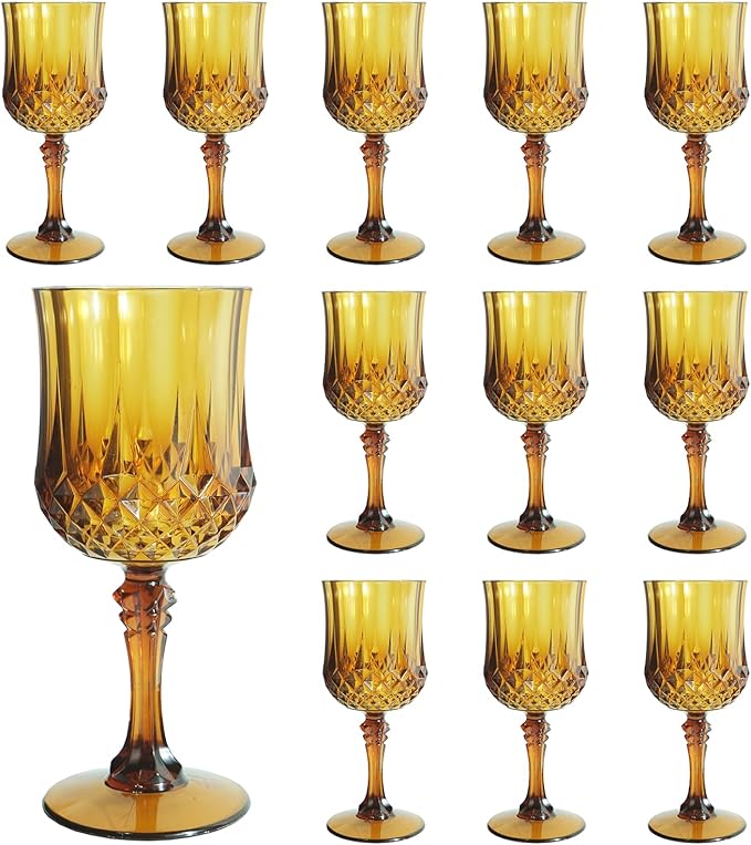Plastic Wine Glasses, Plastic Goblets Vintage Style Cordial Unbreakable Drinking Glasses,Reusable Drinkware for Wedding Reception, Grand Event Party Supplies, Easter (12, Amber)