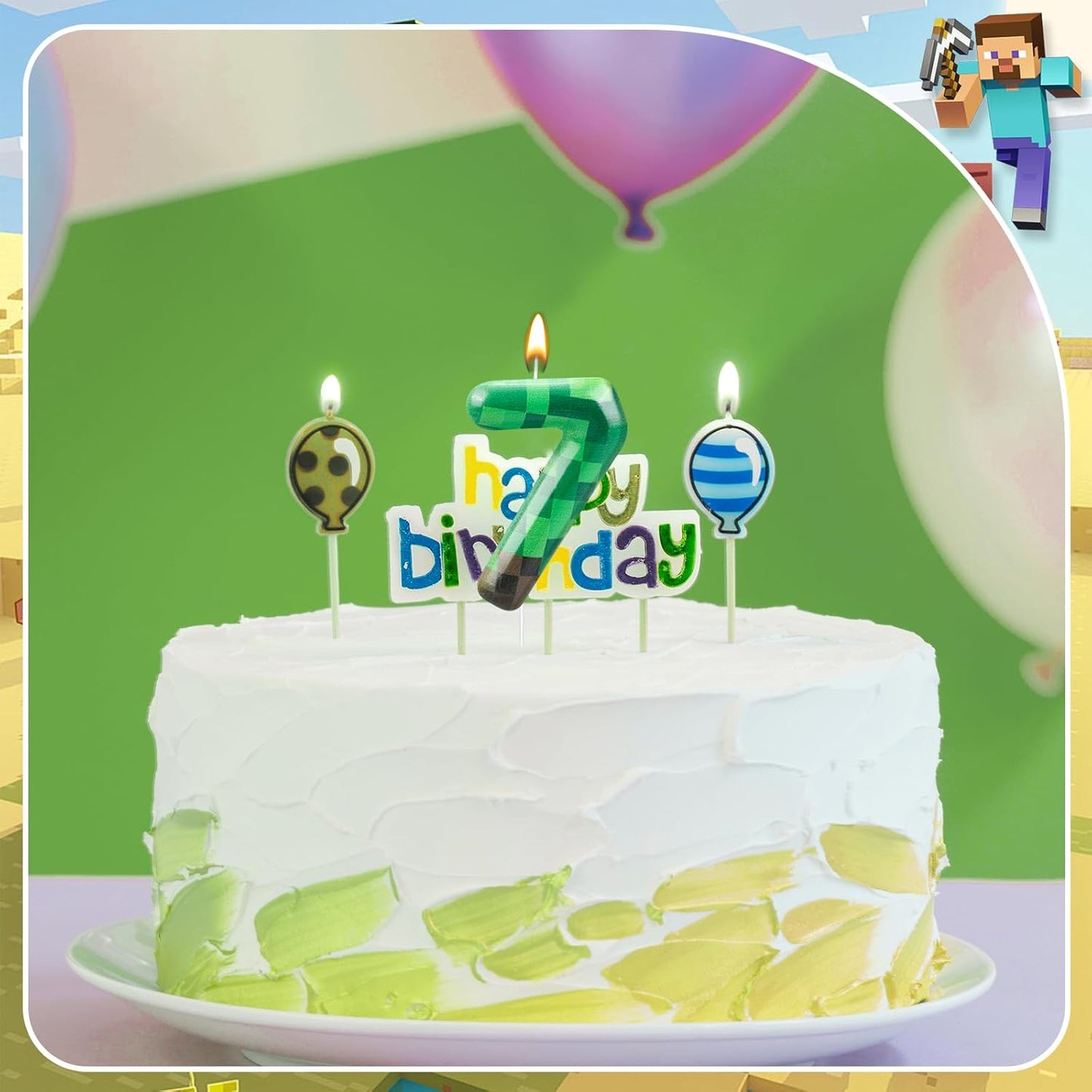 TNT Themed Birthday Cake Candle Number 7 Dynamite Themed Green Candle Cake Topper for Pixel Theme Birthday Party Decoration