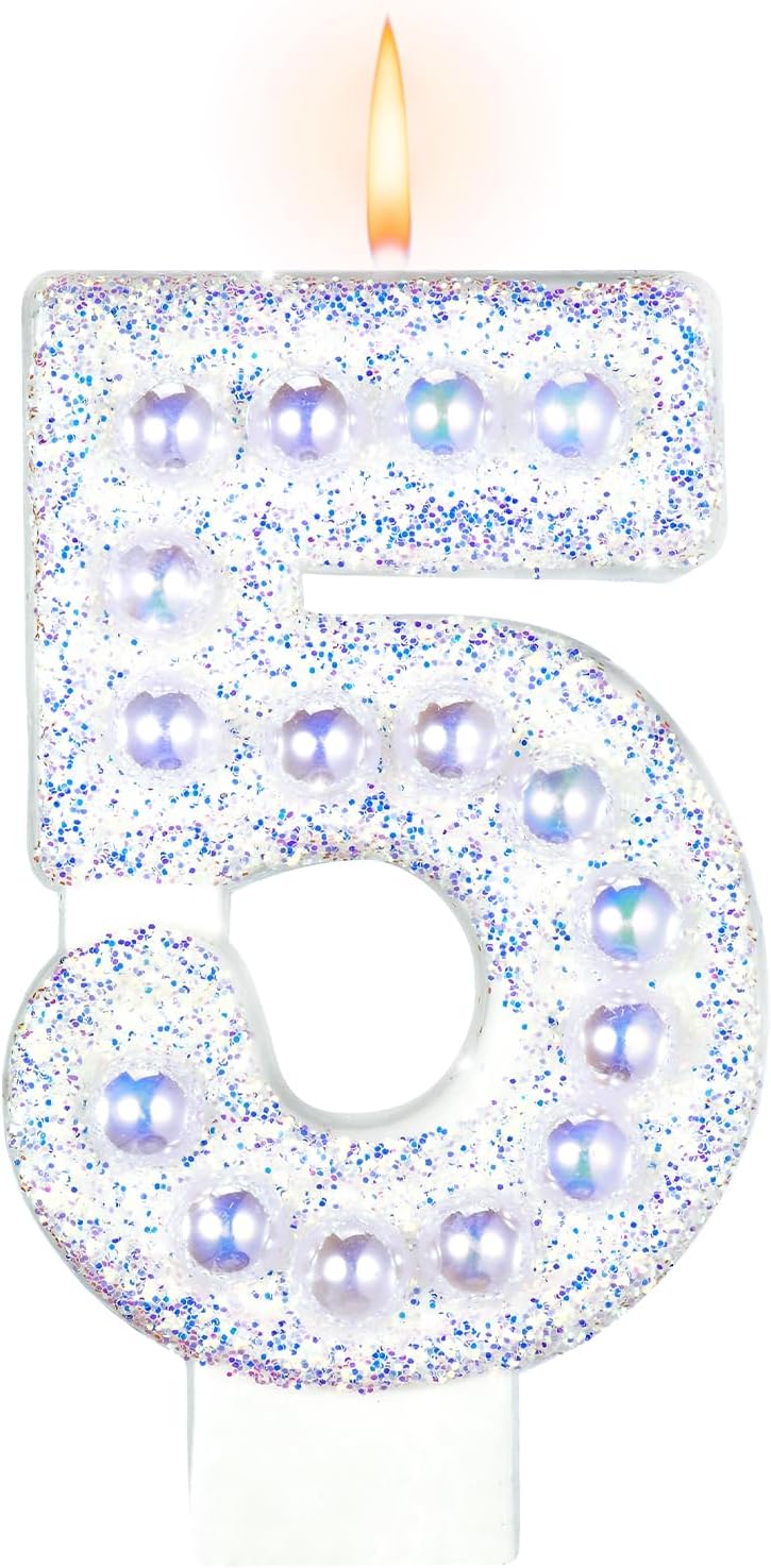 Birthday Candles, Number 5 Birthday Candle for Cake, Birthday Candles Sparklers with Holographic Colored Pearls, 3.35" Large Pearl Candles for Five Sweet Birthday Party Decoration Supplies