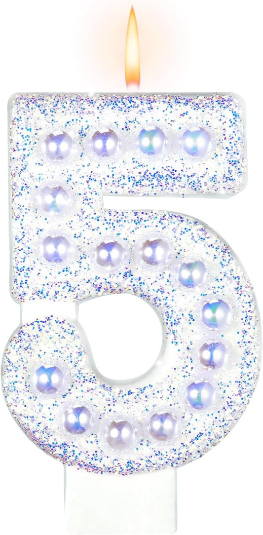 Birthday Candles, Number 5 Birthday Candle for Cake, Birthday Candles Sparklers with Holographic Colored Pearls, 3.35" Large Pearl Candles for Five Sweet Birthday Party Decoration Supplies