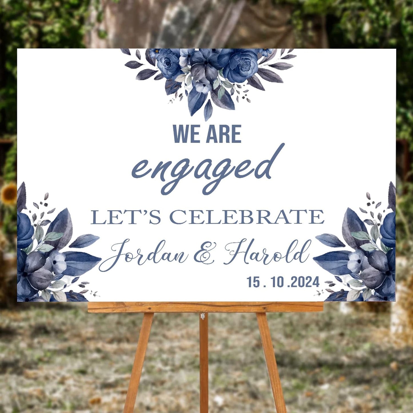 Blue Rose Flower Engagement Welcome Sign - We Are Engaged Minimalist Photo, Rustic Decor for Our Party