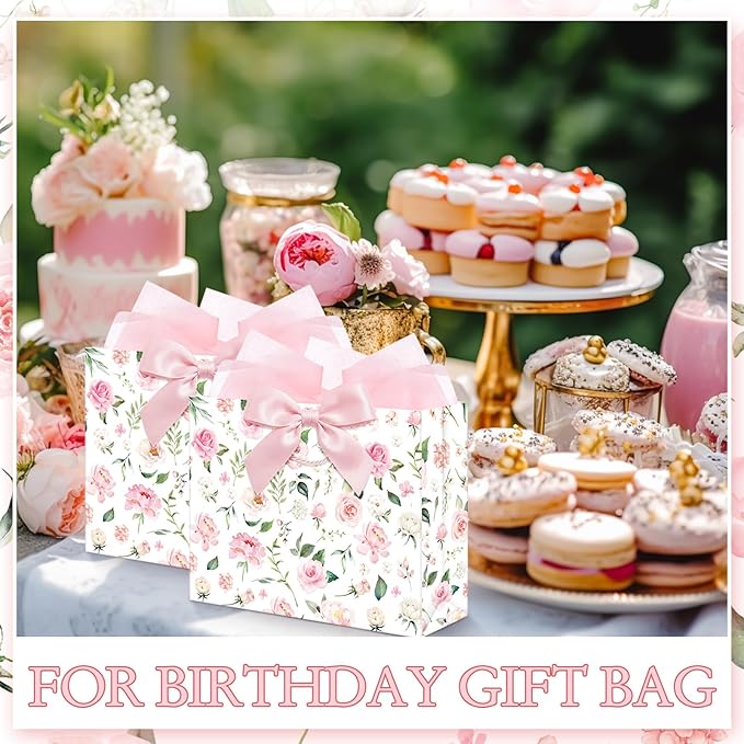 Maitys 12 Sets 13" Large Pink Floral Gift Bags Bulk with Handle, Tissue Papers, Ribbons and Greeting Cards Spring Floral Birthday Paper Bag for Women Wedding Easter Bridal Showers Party Favor Supplies