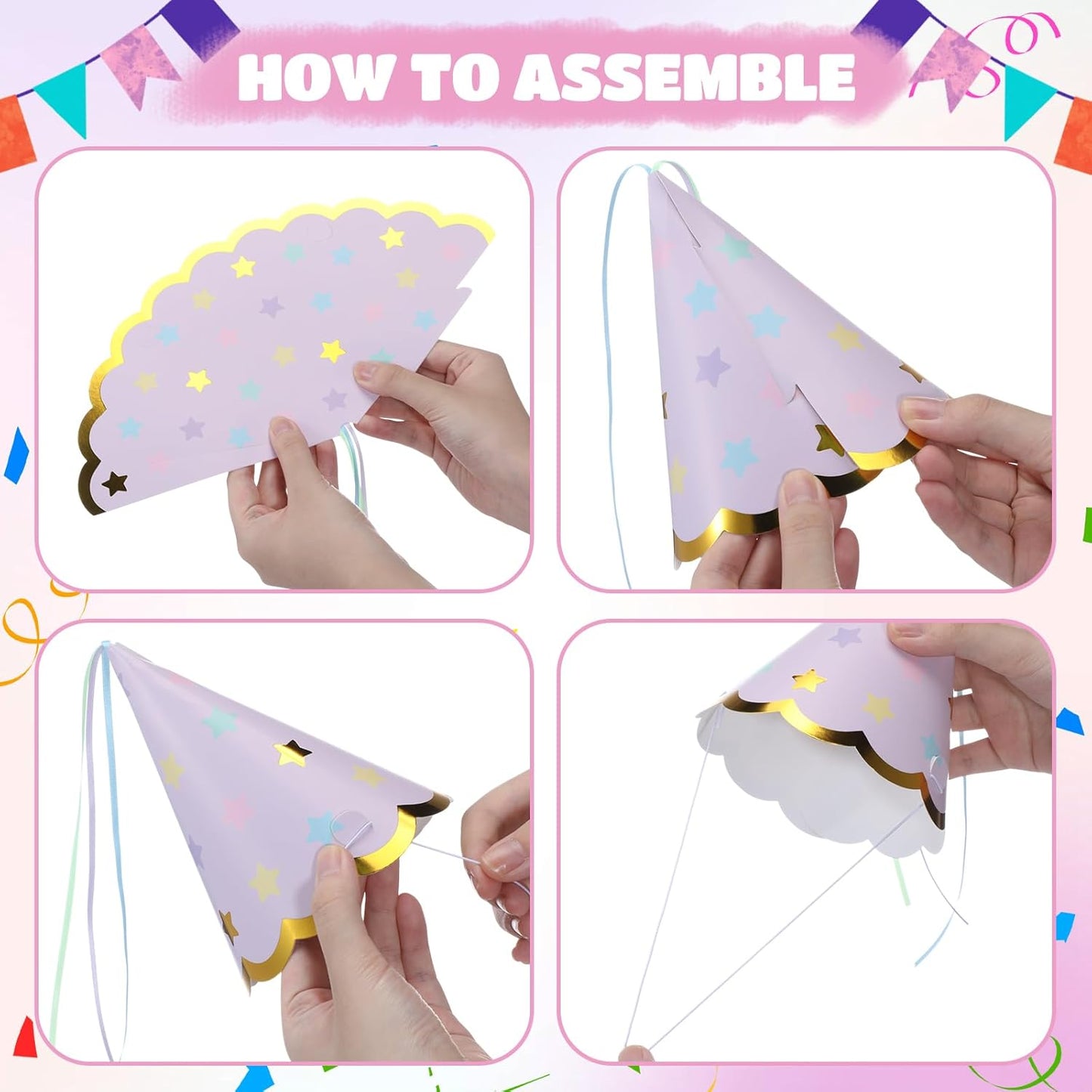 24 Pcs Pastel Party Hats Paper Cone Birthday Hats with Hot Stamping Pentagram and Ribbon Mini Party Headwear for Birthday, Baby Shower, Bridal Shower Decorations