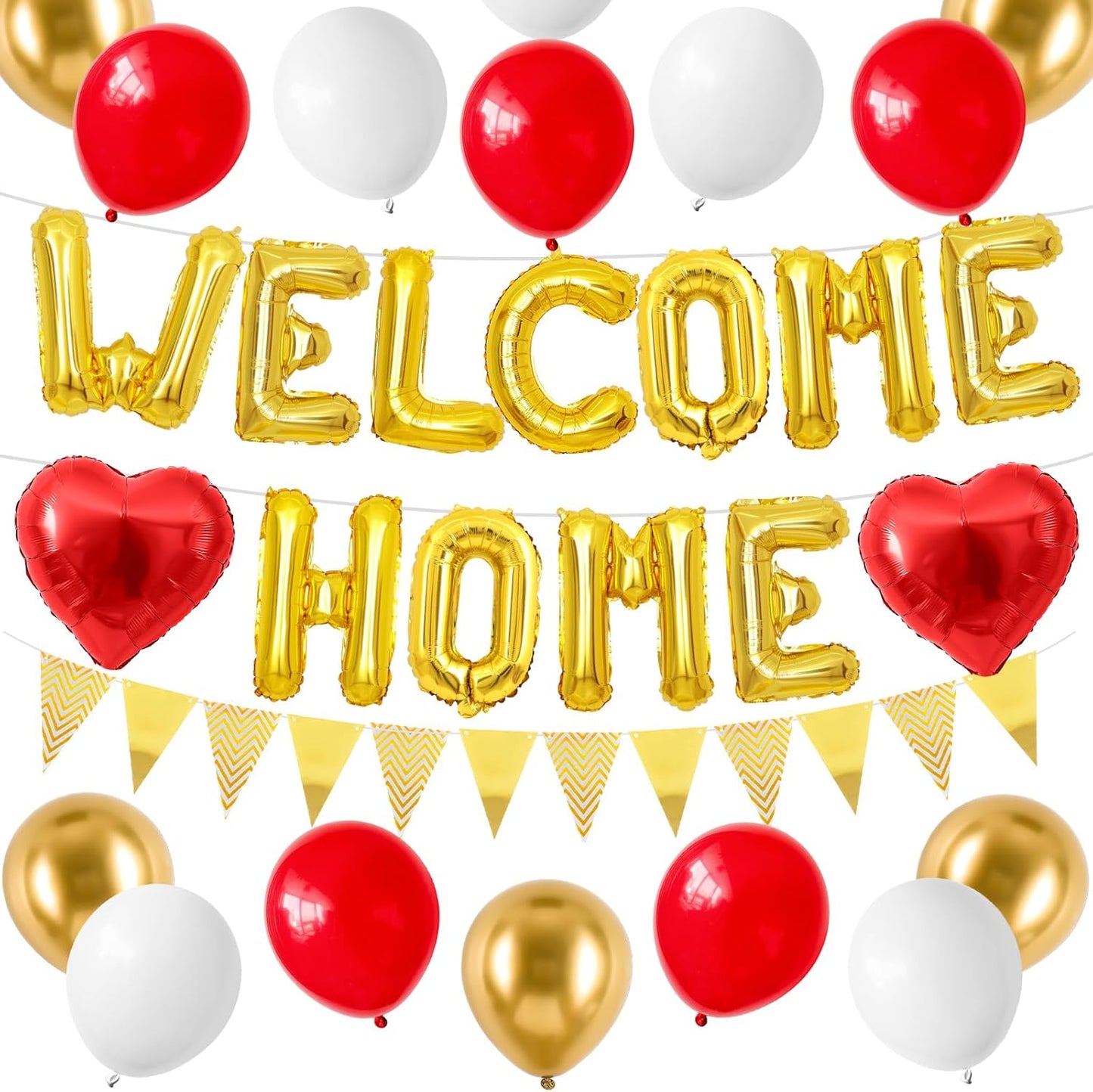 Welcome Home Decorations Red Gold,Welcome Home Foil Balloon Banner with Red Heart Balloons Pennant Flag Bunting for Housewarming Baby Shower Home Family Party Supplies