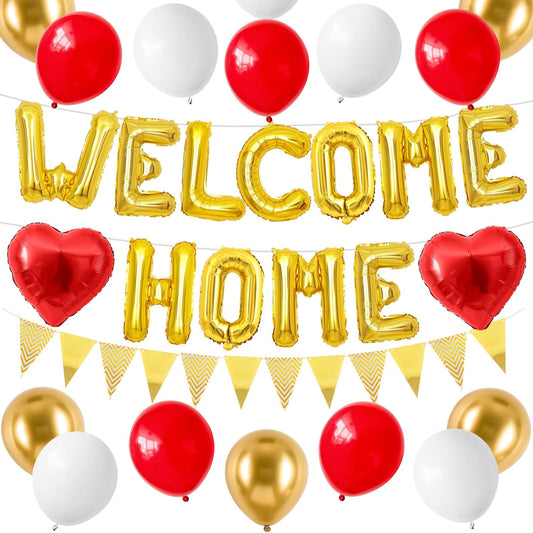 Welcome Home Decorations Red Gold,Welcome Home Foil Balloon Banner with Red Heart Balloons Pennant Flag Bunting for Housewarming Baby Shower Home Family Party Supplies