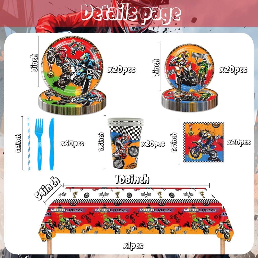 141pcs Dirt Bike Party Decorations,Dirt Bike Party Disposable Tableware set Includes Dinner Plate Dessert Plate Paper Napkin Cup Knife Fork Straws Tablecloth Motocross Dirt Bike Supplies set