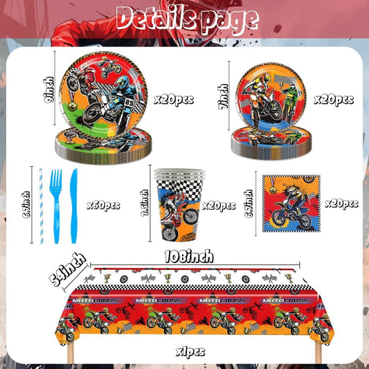 141pcs Dirt Bike Party Decorations,Dirt Bike Party Disposable Tableware set Includes Dinner Plate Dessert Plate Paper Napkin Cup Knife Fork Straws Tablecloth Motocross Dirt Bike Supplies set