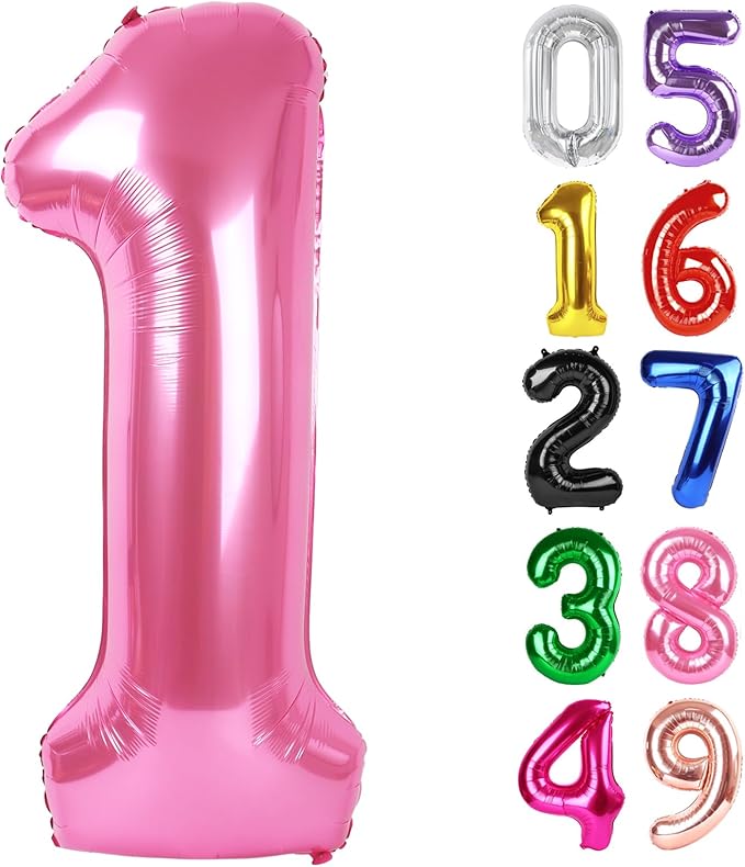 Pink Number 1 Balloon 40 Inch, 1st Birthday Balloon for Baby Boy Girl Toddler First Birthday Decorations, Shiny Pink Party Supplies