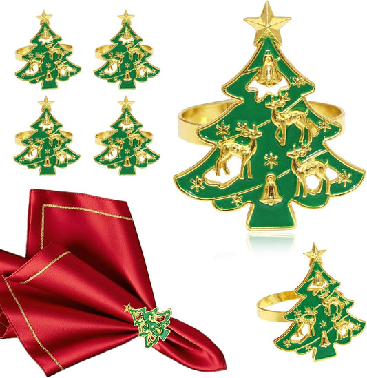 Christmas Tree Napkin Rings Set of 6 for Christmas Eve New Year Family Dinner Decor,Bell Reindeer Napkin Ring Holders for Winter Wedding Xmas Party Birthday Holiday Table Setting