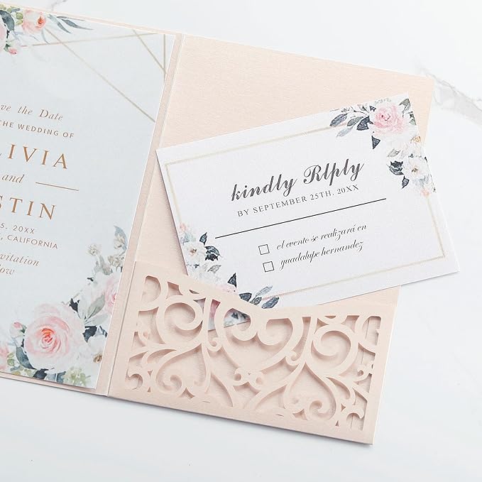 AdasBridal 50PCS Laser Cut Invitations Pink Wedding Invitation with Envelopes and Rsvp Cards Blank Inserts Personalized Your Party Invites for Quinceañera Wedding Birthday Girls Baby Shower