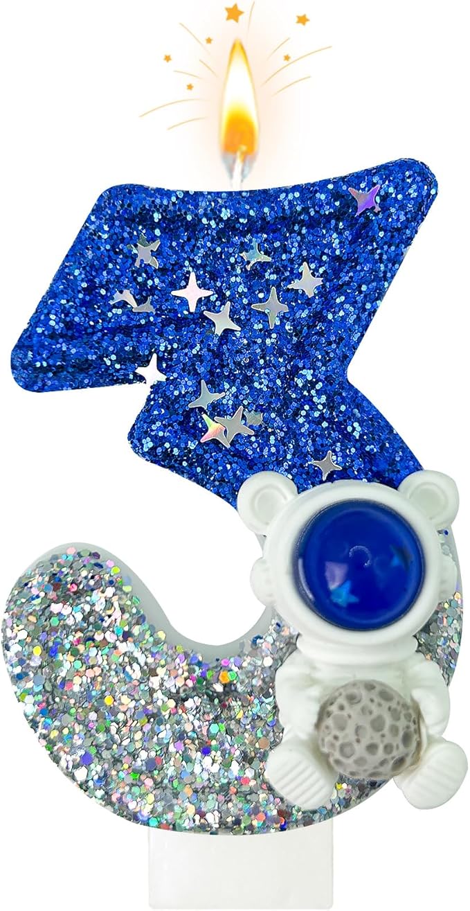 HXOUSE Astronaut 3rd Birthday Candle - Space Universe Sparkler 3 Candle for Birthday Cake Boy, Topper for Party Decorations Anniversary Celebrations (Number 3)