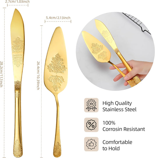 Cake Cutting Set for Wedding, Elegant Cake Knife and Server Set with Thickened Stainless Steel Rounded Edges, Cake Cutter Pie Spatula for Birthday Anniversary Christmas 2 Pcs Gold