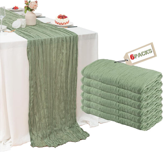 6 Pack Sage Green Table Runner, 35x120 Inch Cheesecloth Table Runner, Boho Gauze Table Runners, Rustic Sheer Cheese Cloth Table Runners for Wedding, Baby Shower, Birthday Party, Home Decor
