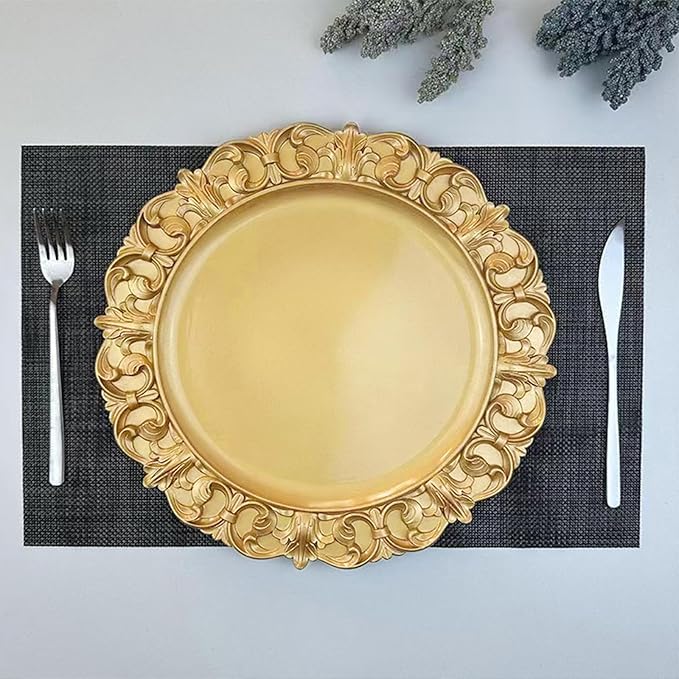 6 Pack Gold Charger Plates 13" Round Charger Plates for Dinning Plates with Embossed Rim Plastic Charger for Dinner, Wedding, Elegant Tableware Decor