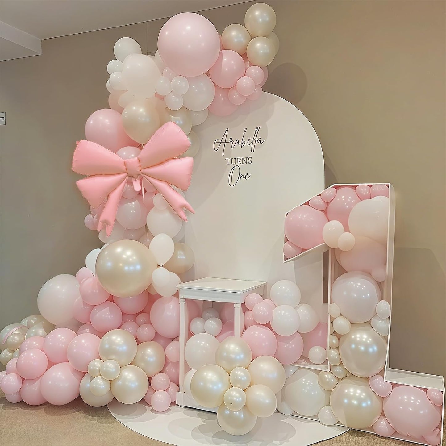 Double Stuffed Pearl White and Pink Balloon Arch Garland Kit, Pearl White Beige with Pink Bow Foil Balloons for Girls Women Wedding Bridal Baby Shower Bachelorette Coquette Birthday Party Decorations
