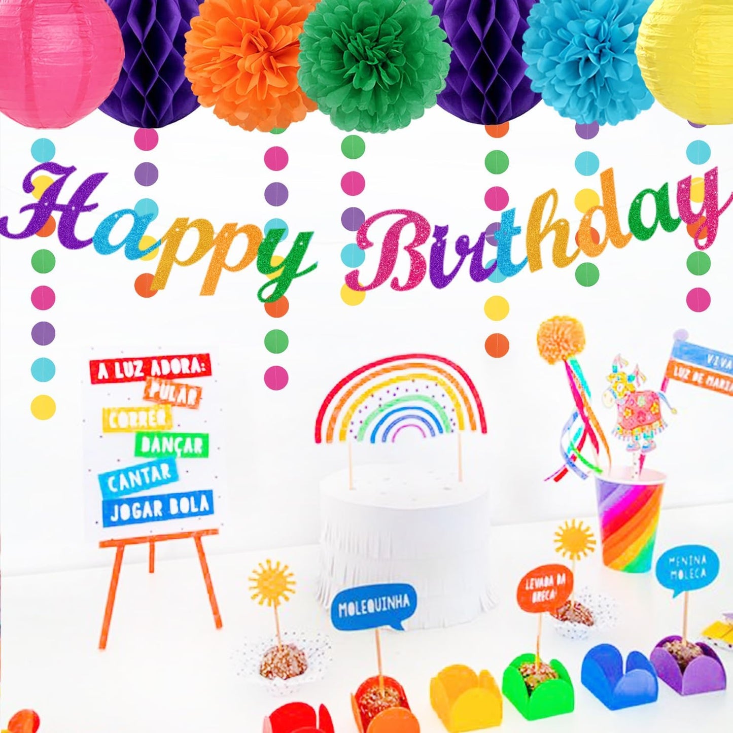 Rainbow Friends Colorful Birthday Party-decorations - 21pcs Girls Boys Happy Banner Garland, Paper Streamers Lanterns,Flower Tissue Pom Poms Fan Supplies,Wall Backdrop Decor Huglony