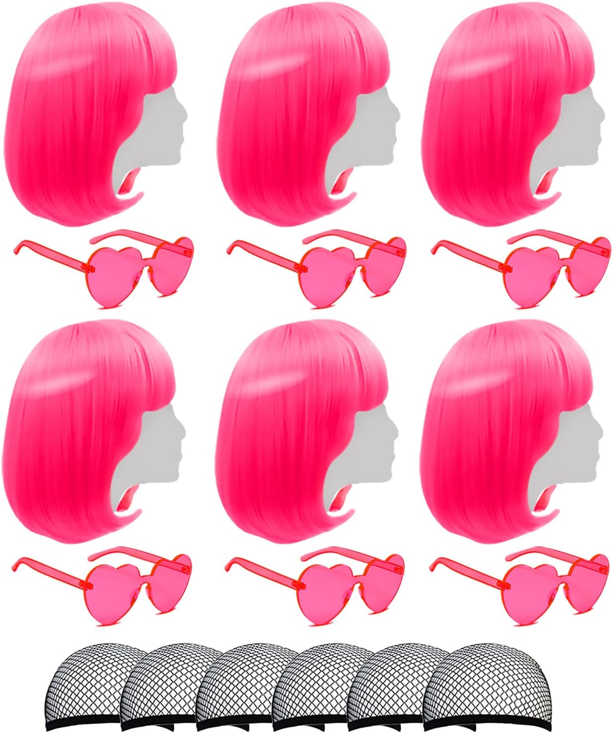 Short Bob Colors Wigs with Bangs, 6Pcs Cosplay Wig with Heart Sunglasses for Halloween Bachelor Party Decorations