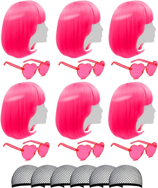 Short Bob Colors Wigs with Bangs, 6Pcs Cosplay Wig with Heart Sunglasses for Halloween Bachelor Party Decorations