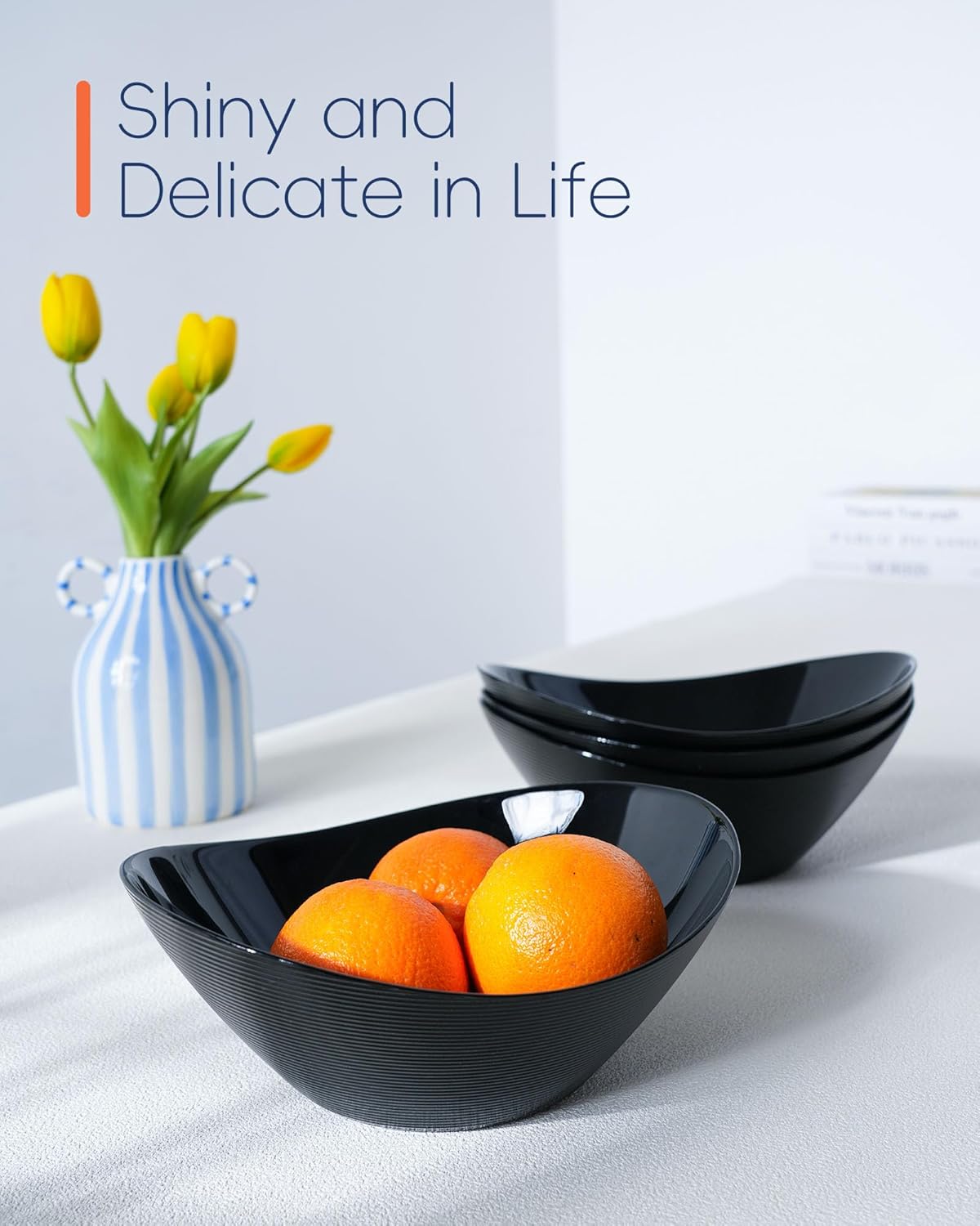 43 OZ Serving Bowl Set of 4, Opal Glass 9 inch Oval Serving Dishes for Salad, Side Dishes, Fruit Kitchen, Microwave & Dishwasher Safe, Black