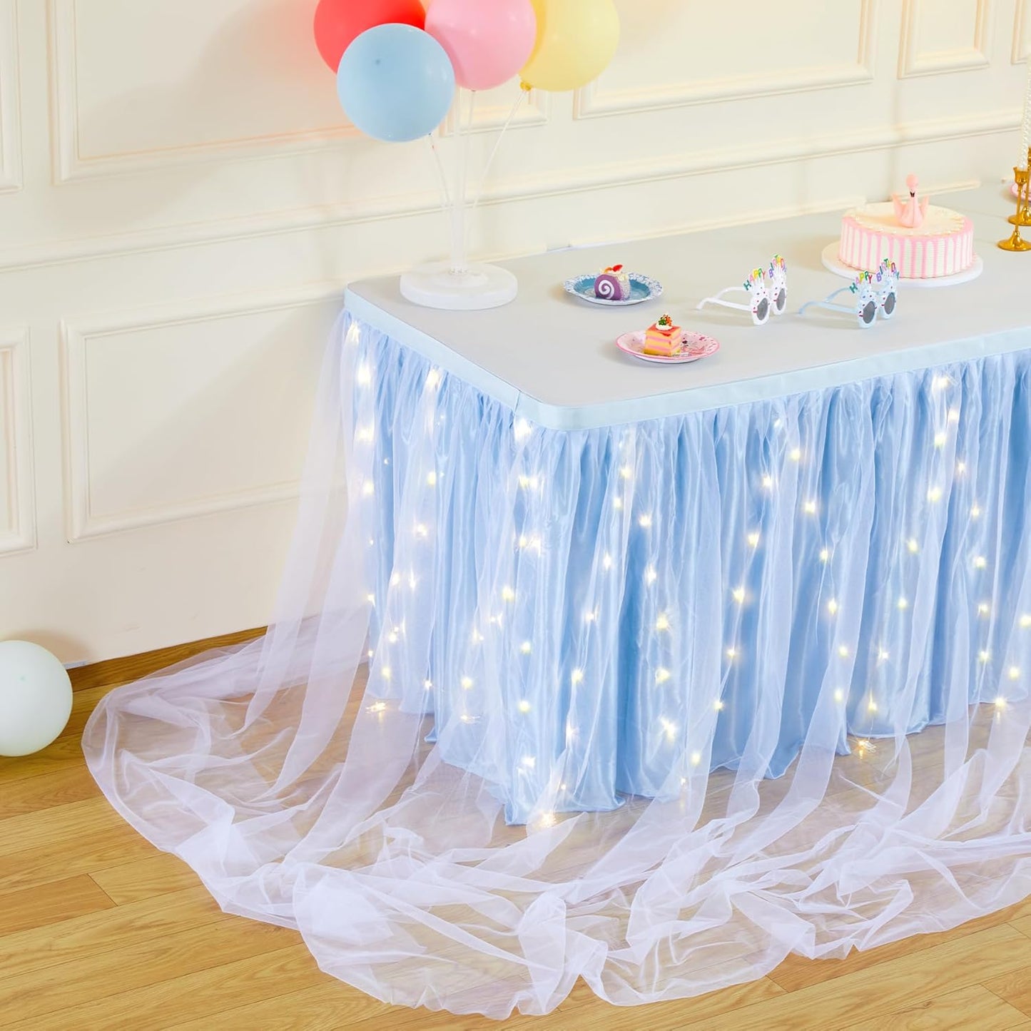 9FT Baby Blue Tulle Table Skirt for Rectangle or Round Tables Baby Blue Tutu Table Skirt with LED Lights for Princess Birthday Party Baby Shower Gender Reveal Wedding Banquet Cake Dessert Decorations
