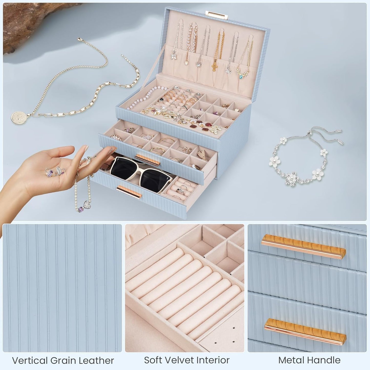 Dajasan Jewelry Organizer Box, Jewelry Storage Organizer with 2 Drawers, 3-Tier Large Jewelry Gift Box for Women, Girls, Friends, Wife or Mother, Gift Idea (Smoky Blue)