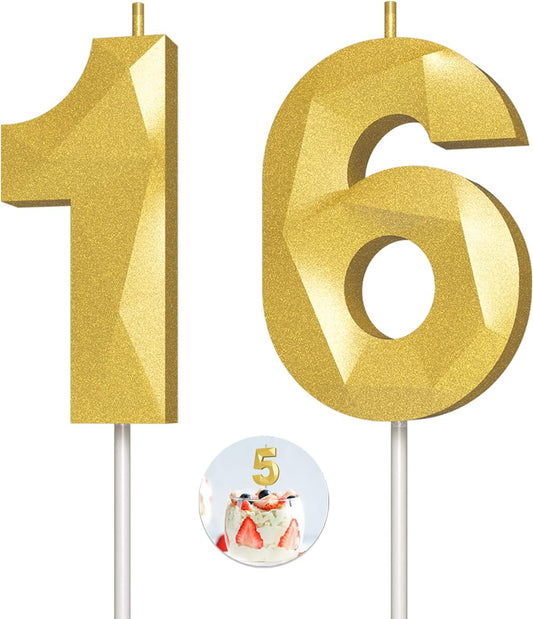 Number Birthday Candles(16 Candle Gold) 3D Diamond Shape Number Happy Birthday Cake Candles for Birthday Party Wedding Decoration Reunions Theme Party