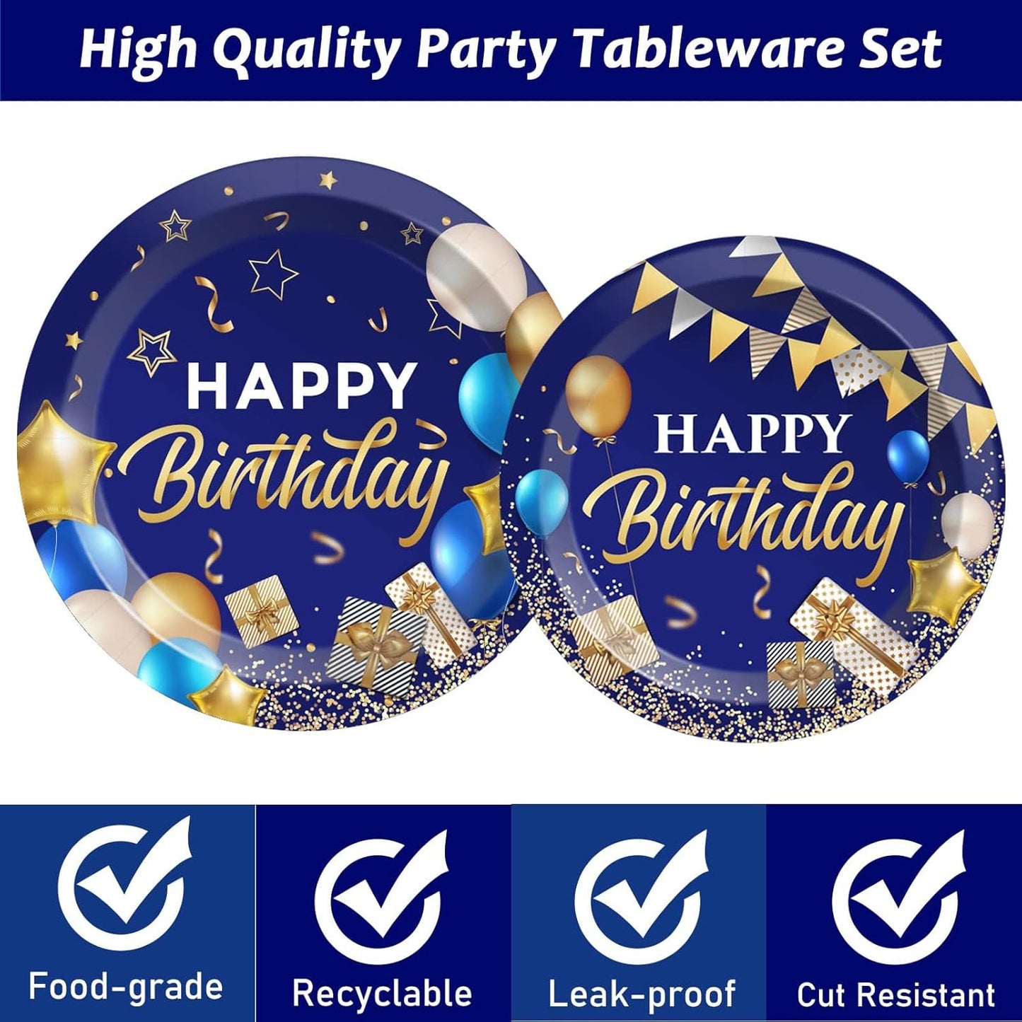 50 Guest Blue & Gold Birthday Party Plates, Napkins & Tableware Set - 200 PCS