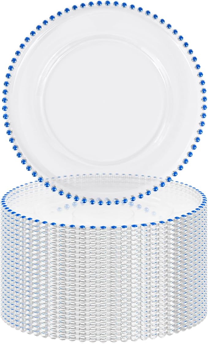 24 PCS Clear Round Charger Plates with Beaded Rim, 13 Inch Plastic Acrylic Plate, Plastic Round Beaded Dinner Decorative Service Plates for Wedding Party Event, Home Kitchen Tabletop(Royal Blue)