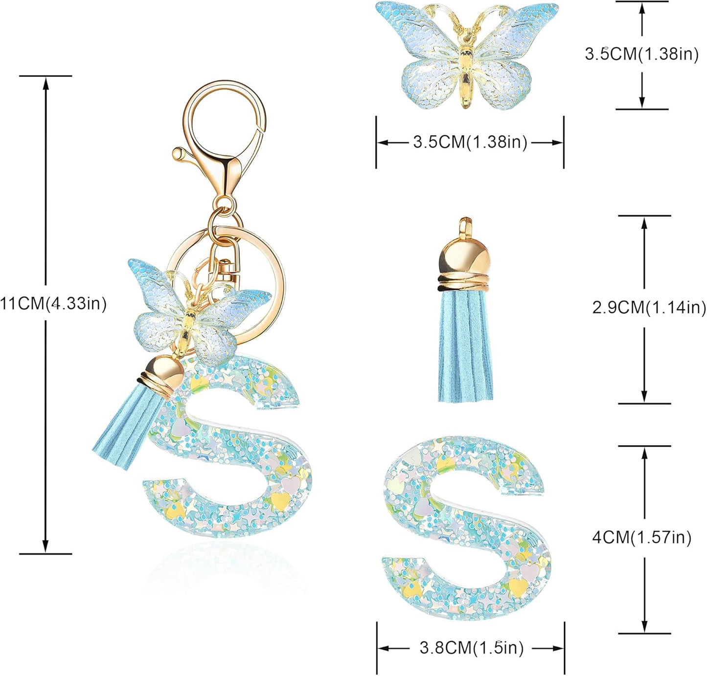 Fashion Alphabet Initial Letter Keychain Tassel Butterfly Pendant Key Ring for Purse Handbags Women Girl
